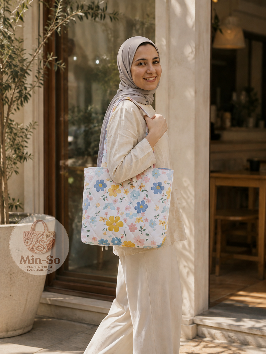 Min-So floral handmade tote bag styled outdoors
