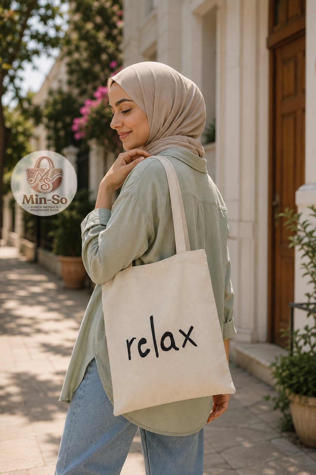 Min-So handmade canvas tote with a minimal relax design