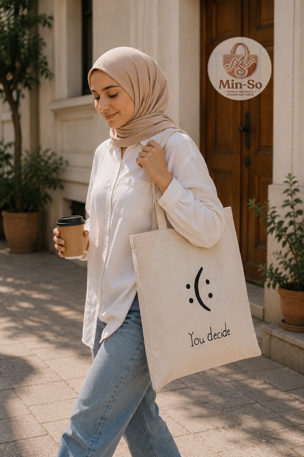 Min-So handmade canvas tote with a playful You decide design